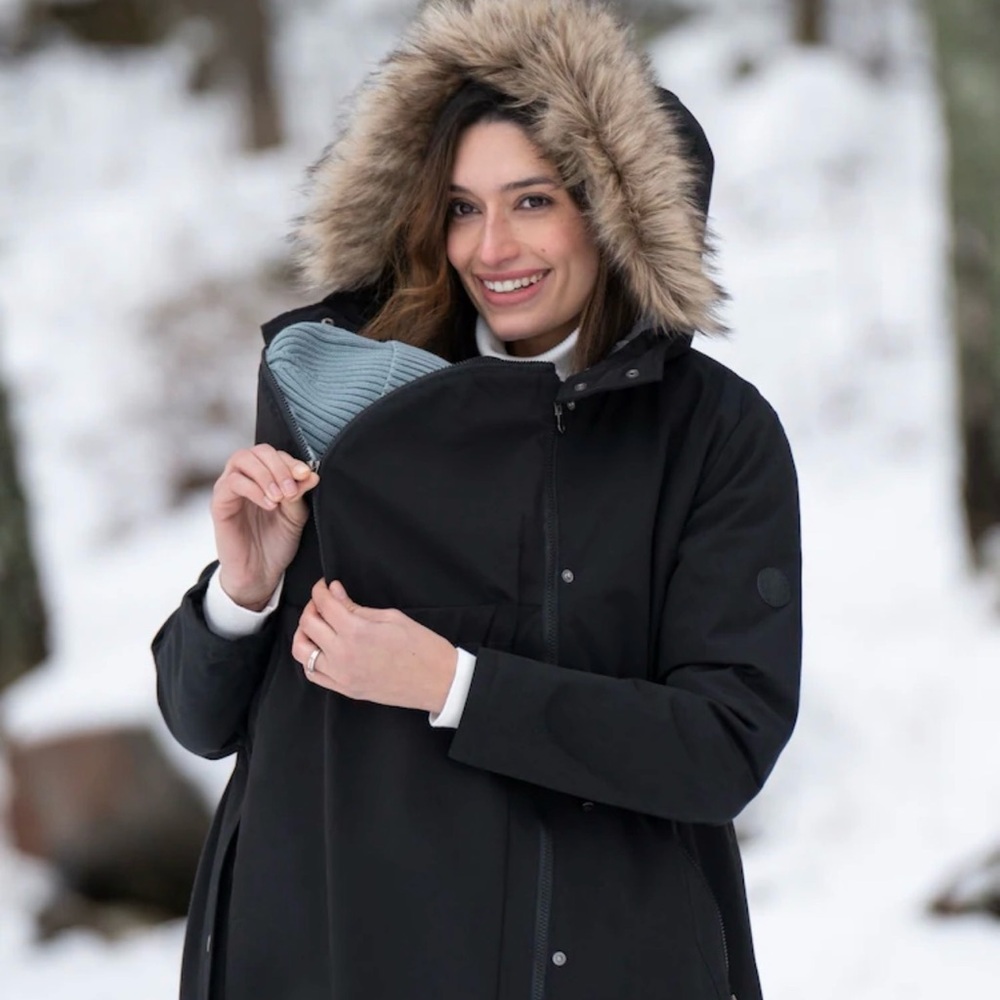 Women's Black Hooded Maternity Winter Coat With Removable Front Panel